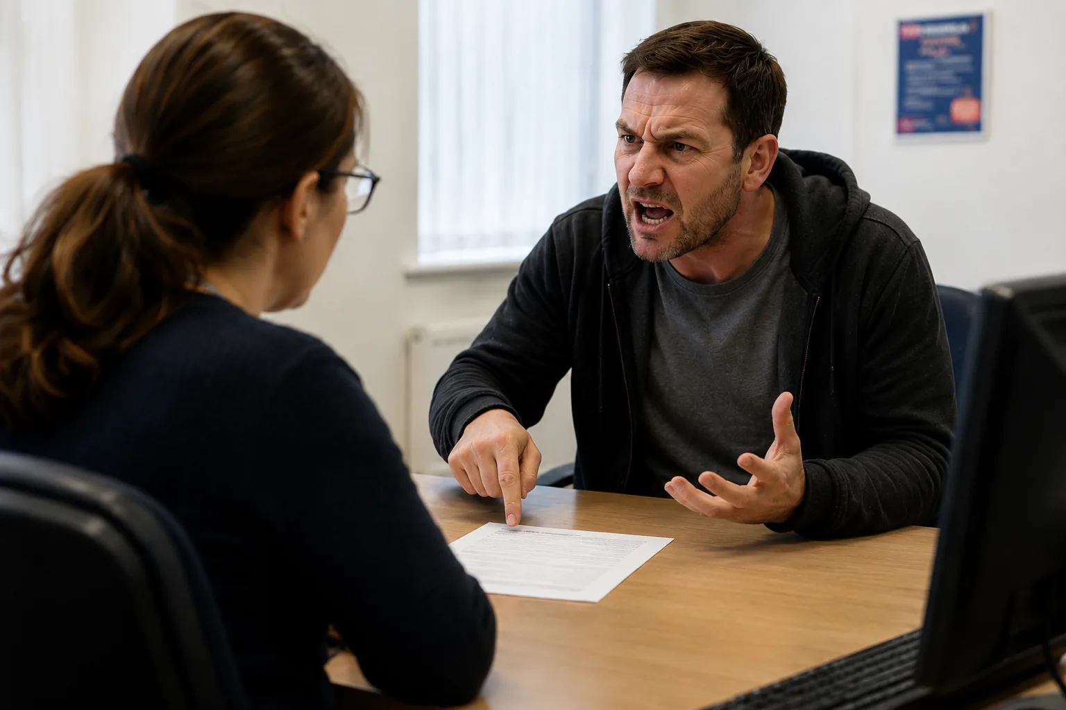 Public-facing staff using calm communication during a difficult reception encounter