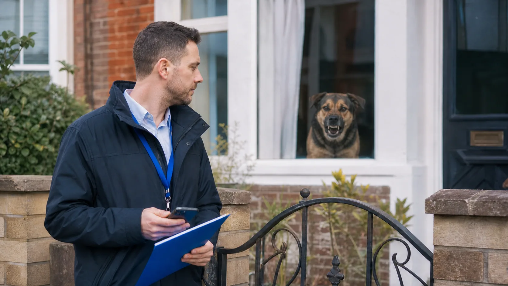 Frontline worker maintaining distance from an aggressive dog at a property gate