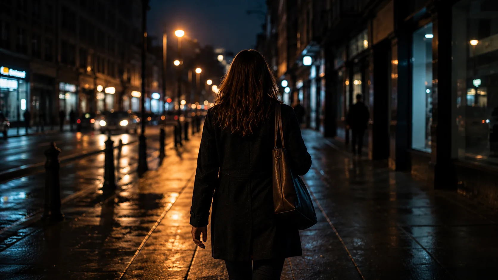 Woman remaining aware of her surroundings while travelling through a city