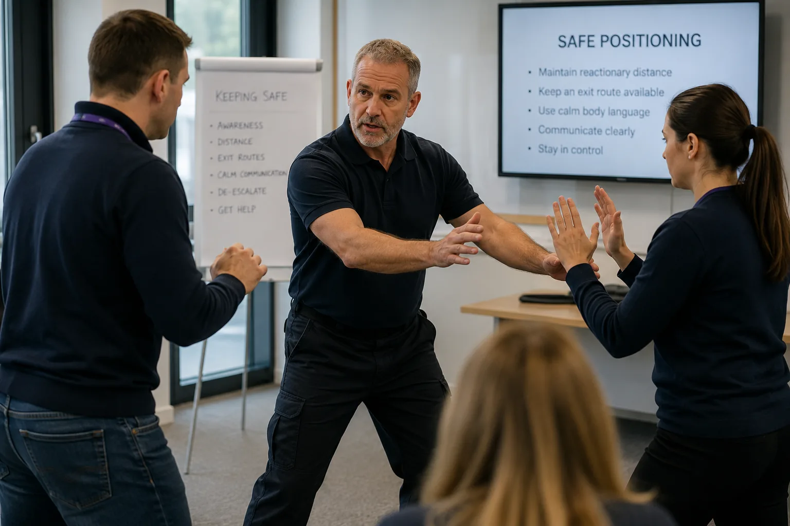 Trainer demonstrating safe positioning and calm communication during practical workplace safety training
