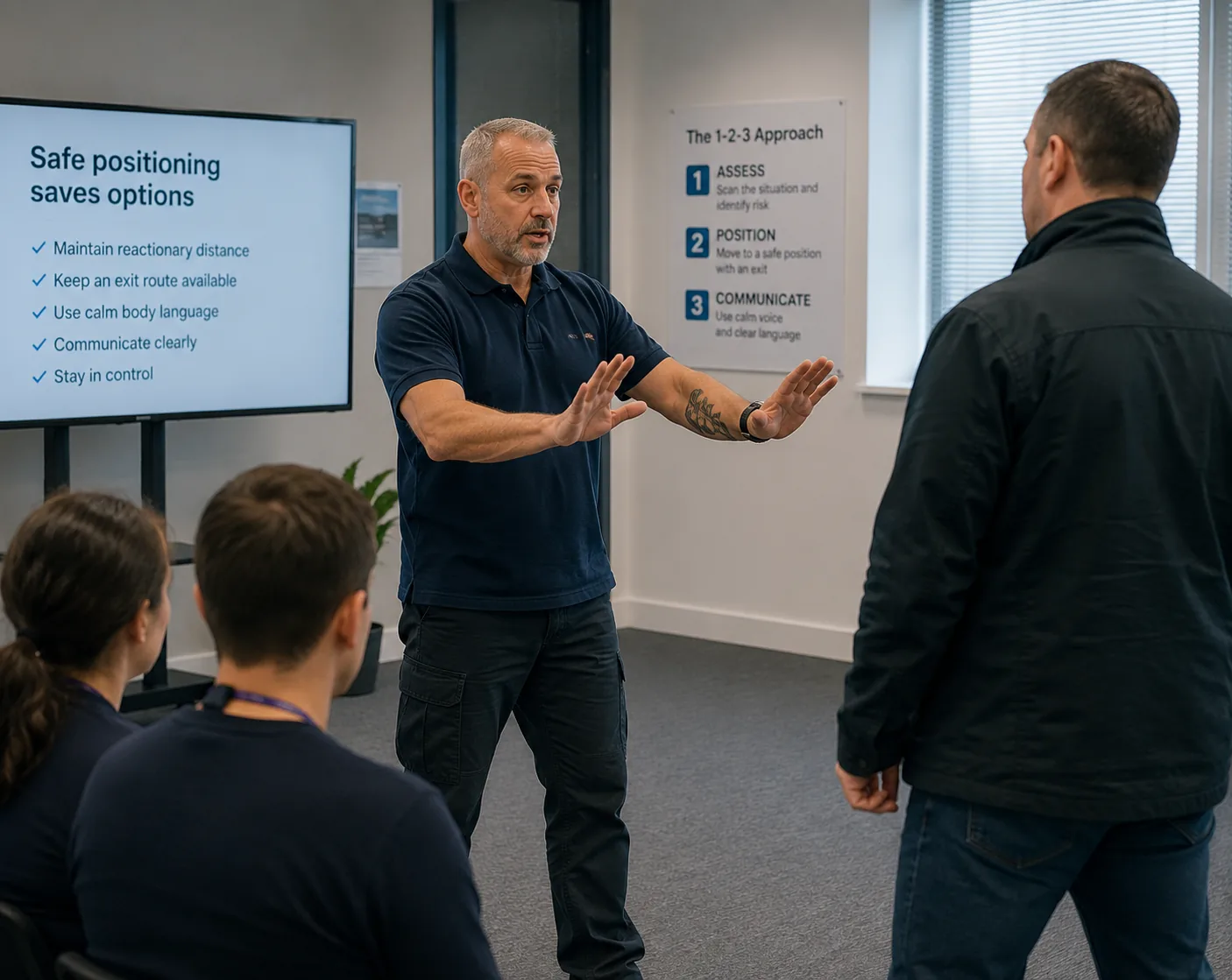 Trainer demonstrating safe positioning and calm communication skills during practical workplace safety training