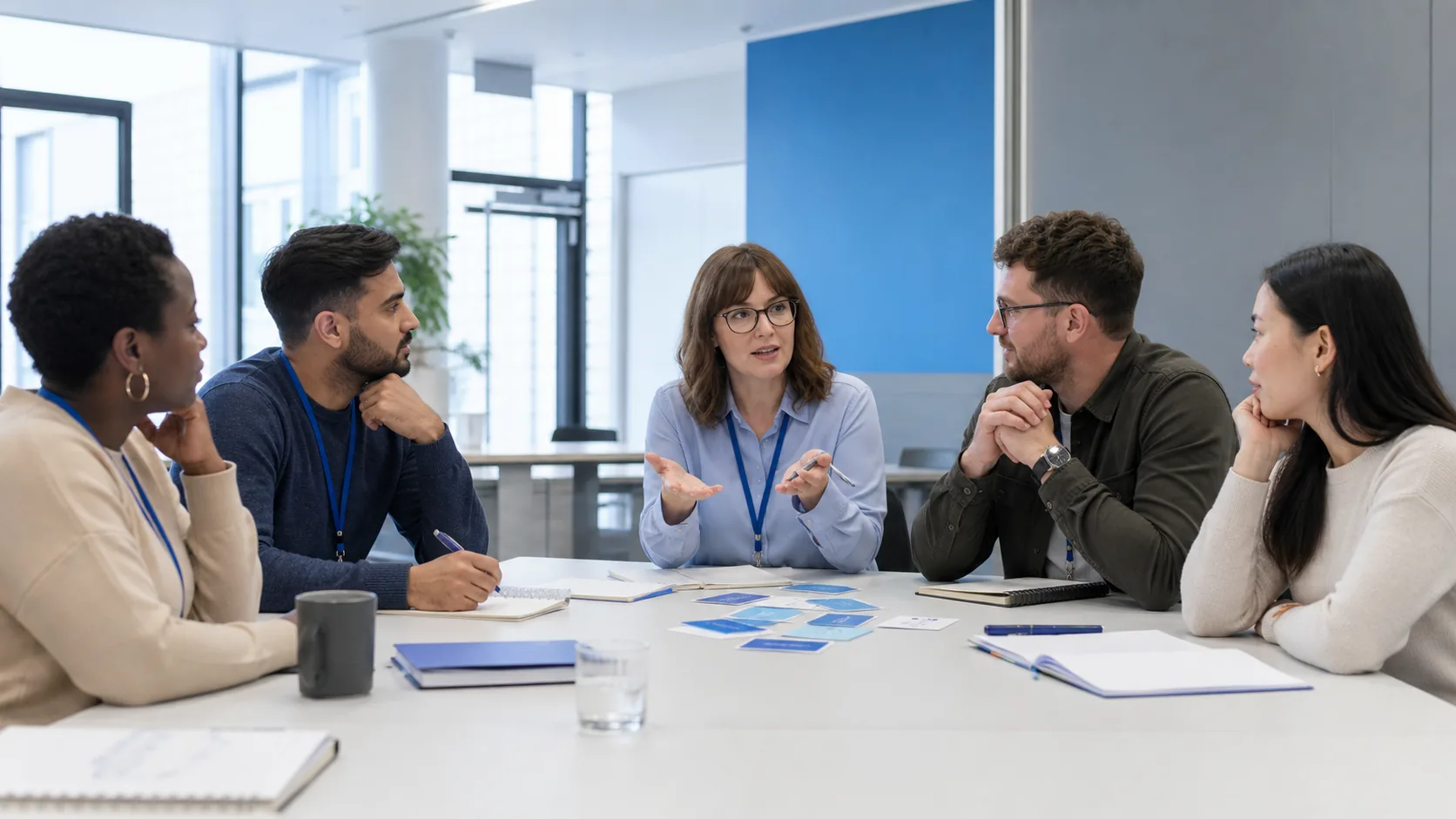 A manager and colleagues holding a calm workplace debrief around a table.