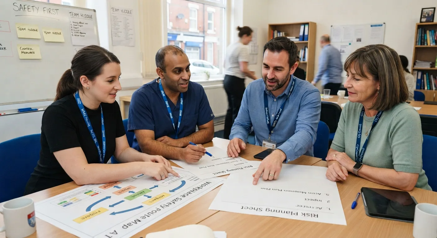 Colleagues planning workplace safety and risk controls together