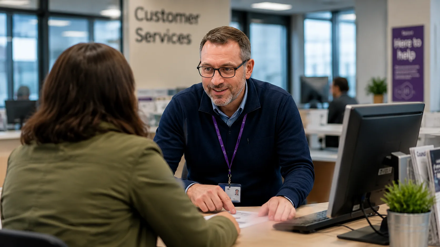 Local authority customer services officer assisting a member of the public
