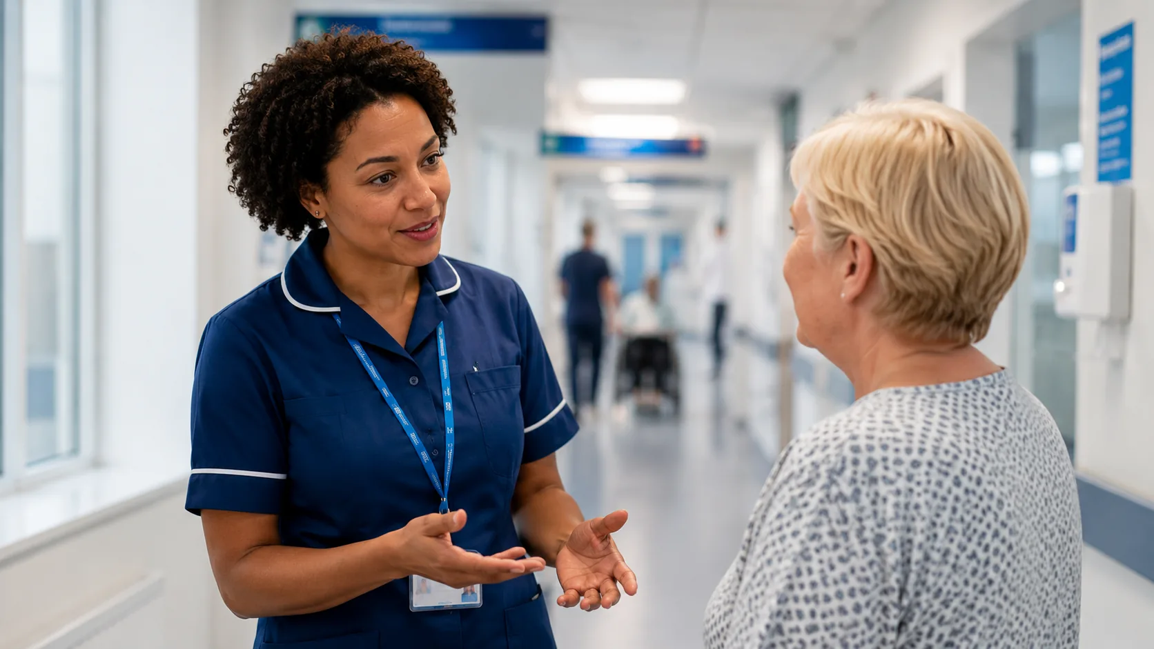 NHS nurse speaking with a patient in a hospital corridor