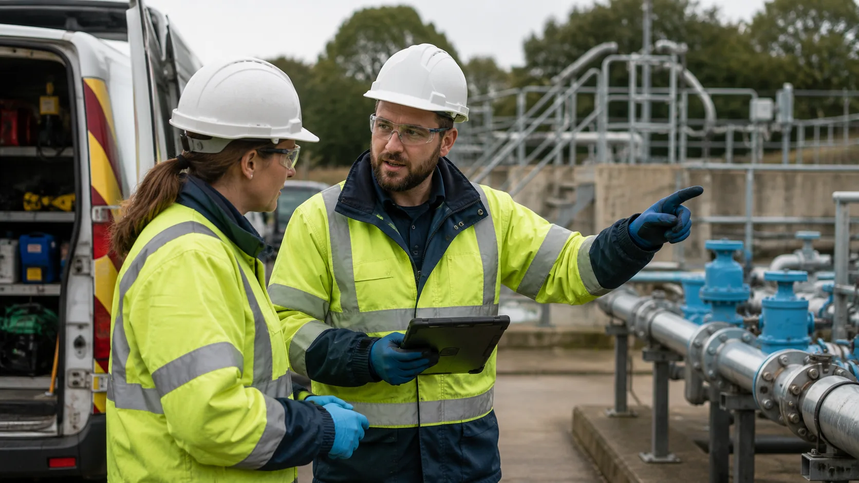 Two utilities engineers in high-visibility jackets at a water treatment facility