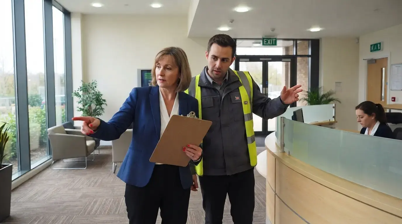 A manager and a colleague in high-visibility clothing reviewing a workplace safety walkaround in an office reception