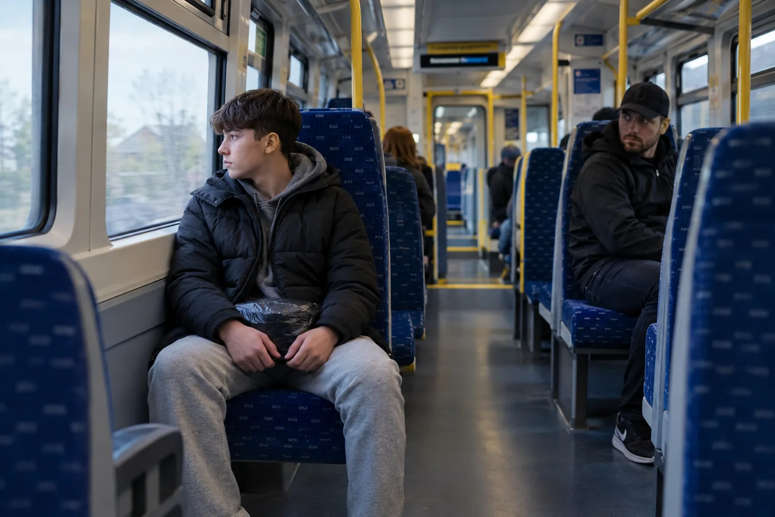A young person on a train holding a wrapped package while an adult nearby watches him