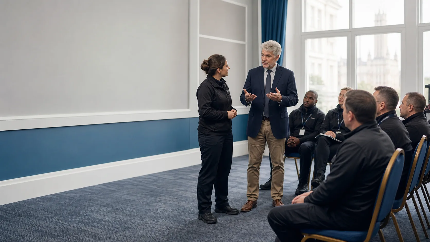 A man in a suit presenting to a woman who is holding a folder