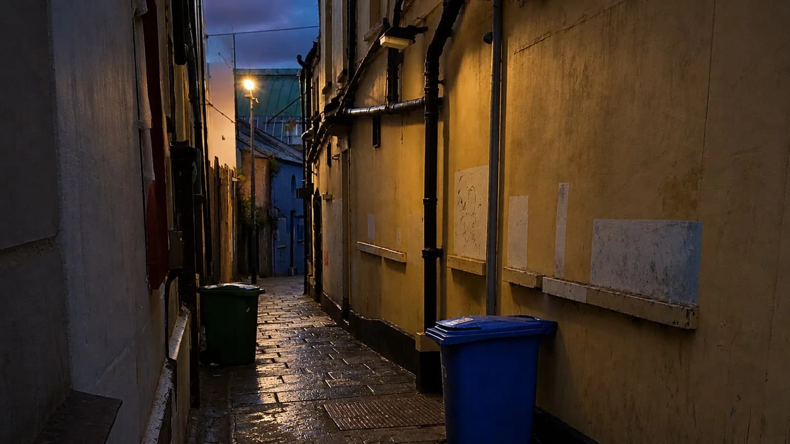 Dark narrow lane representing a lone worker reassessing personal safety before taking action