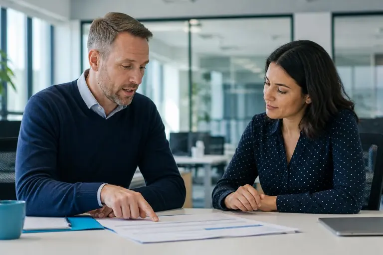 A trainer and a manager reviewing workplace safety documents together