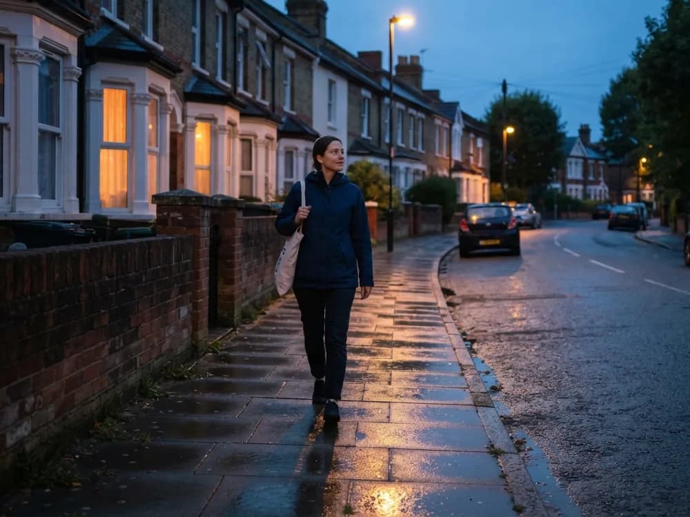 A person walking through a lit urban street in the evening, head up and aware of their surroundings.