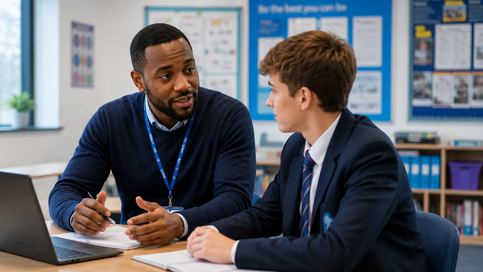 A woman speaking with a young person in a classroom