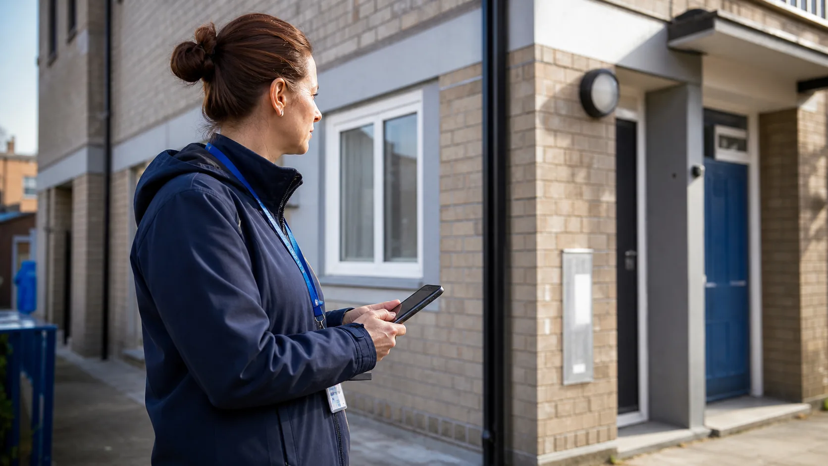 Housing officer with a tablet speaking with a resident outside a housing block