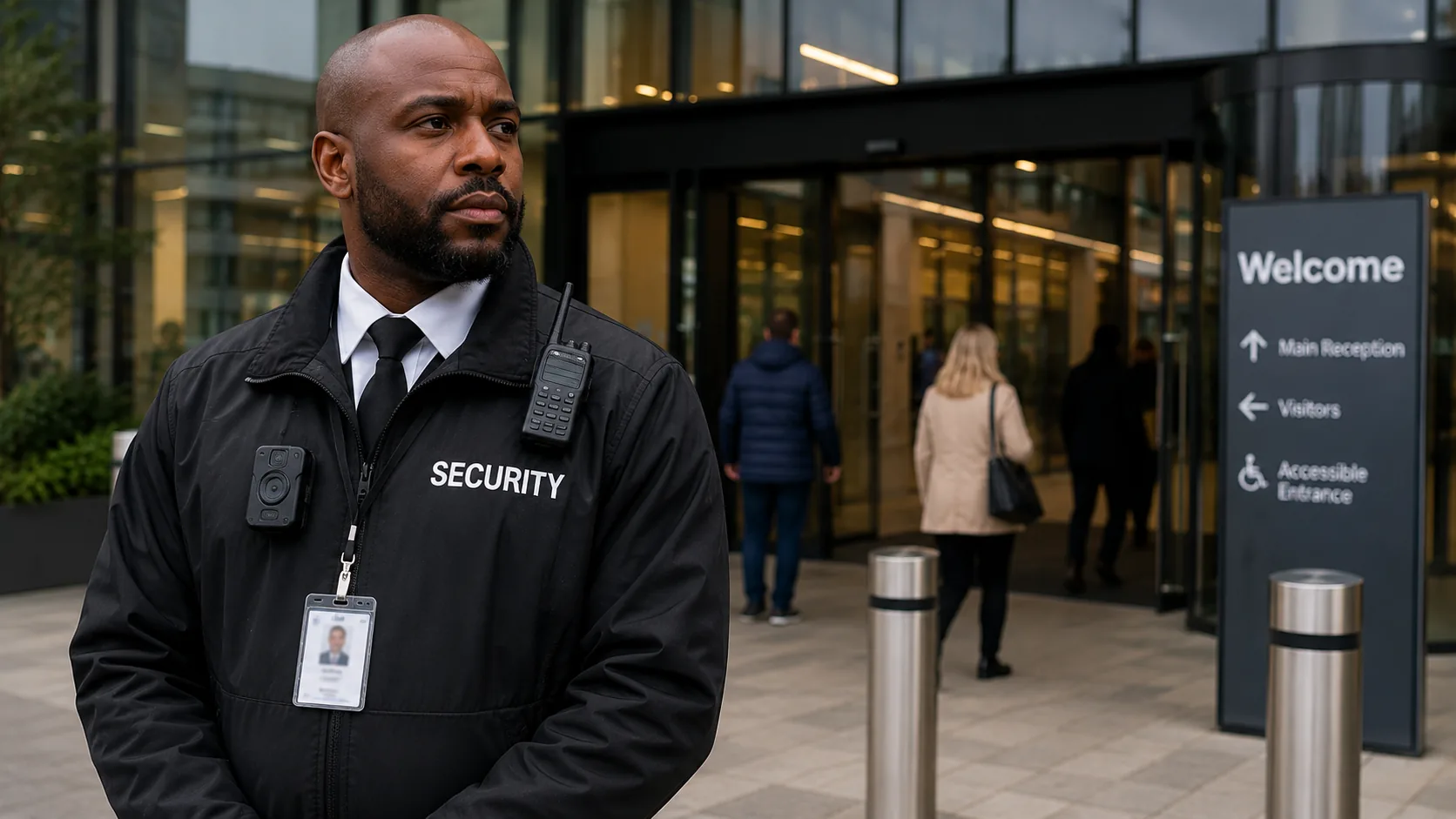 A security officer in a dark uniform and cap outside a glass building