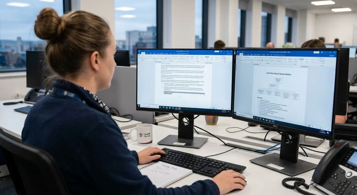 A staff member editing a Safety Solutions Training Word document and roles-and-responsibilities chart across two monitors
