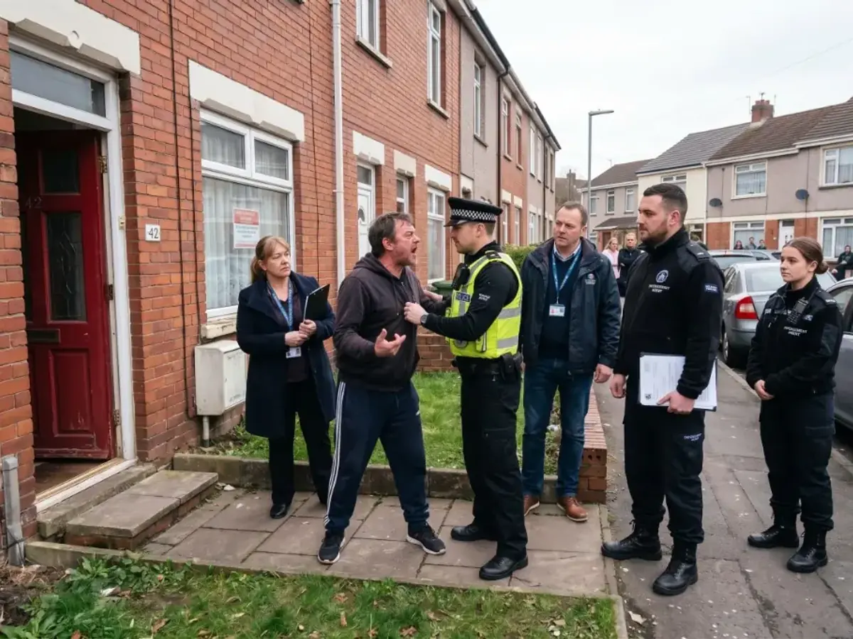 Housing staff, enforcement agents and a police officer at a terraced house during a confrontational eviction visit