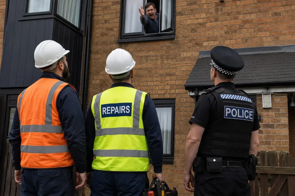 Repairs staff and a police officer at a property where an occupant is shouting from a window