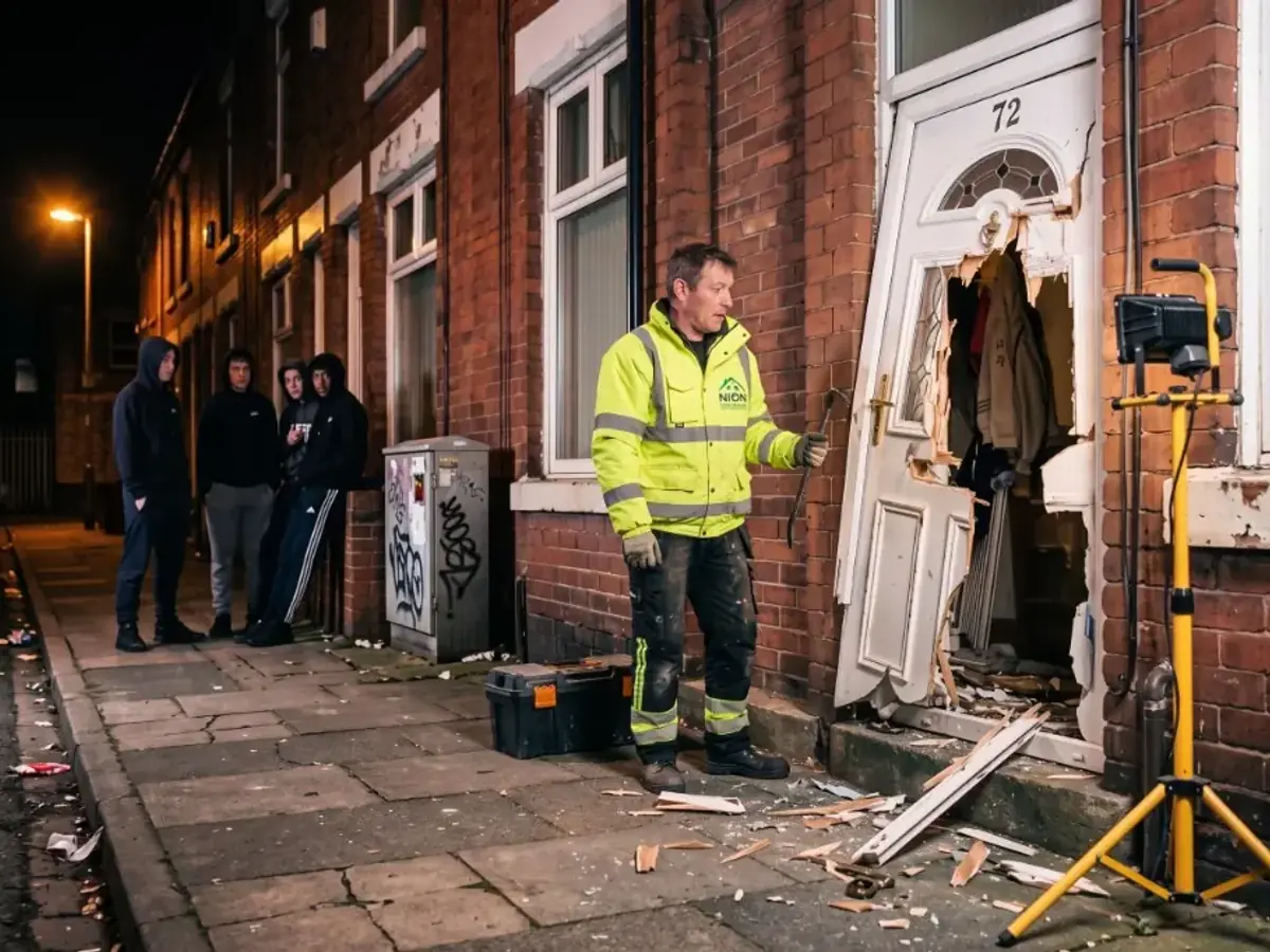 A lone repairs worker in high-visibility clothing stands at night beside a smashed front door while a group watches from the pavement