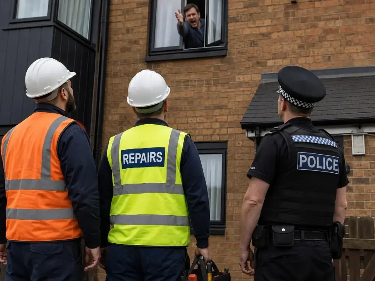 Repairs staff and a police officer at a property where an occupant is shouting from a window